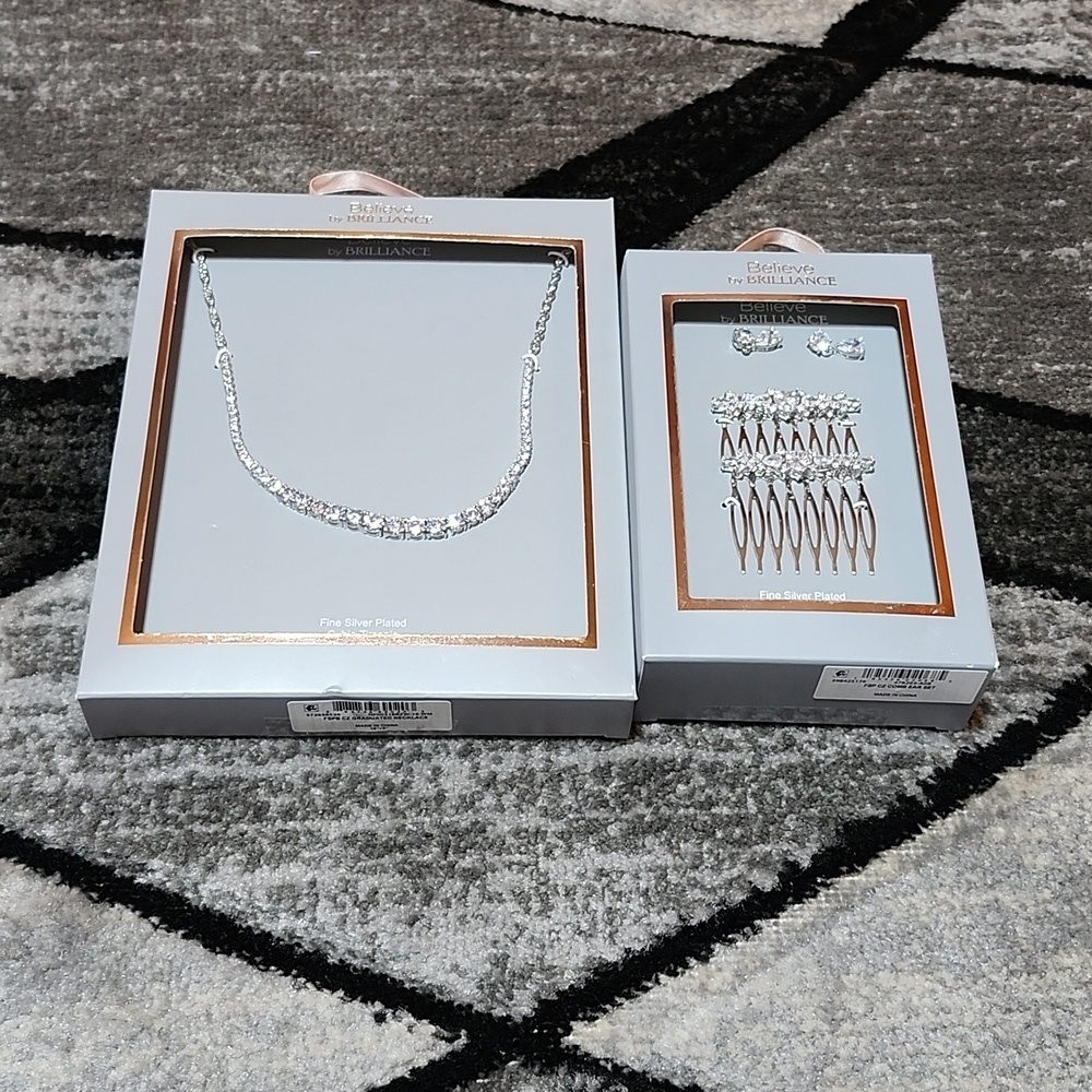 BELIEVE BY BRILLIANCE FINE SILVER PLATED CUBIC ZIRCONIA NECKLACE EARRINGS HAIR